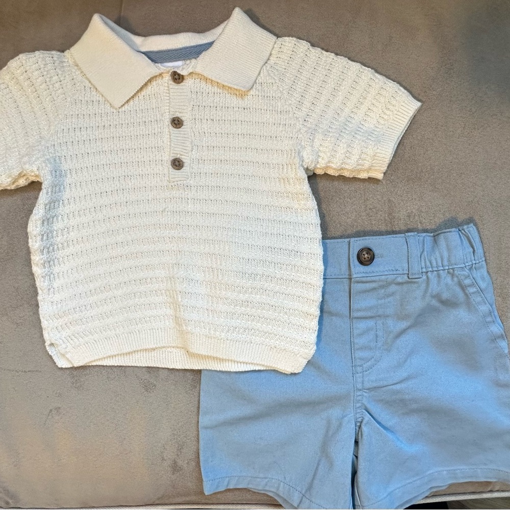 Carters Cream Knit Polo Shirt and Blue Shorts Set